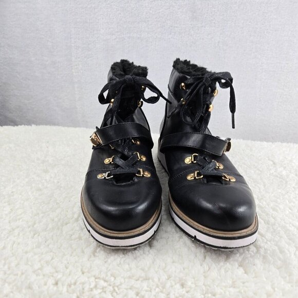 Ankle Boots Urban Hiking Black Lace-Up ARI Justfab Faux Shearling Gold Tone Buck - Picture 15 of 15